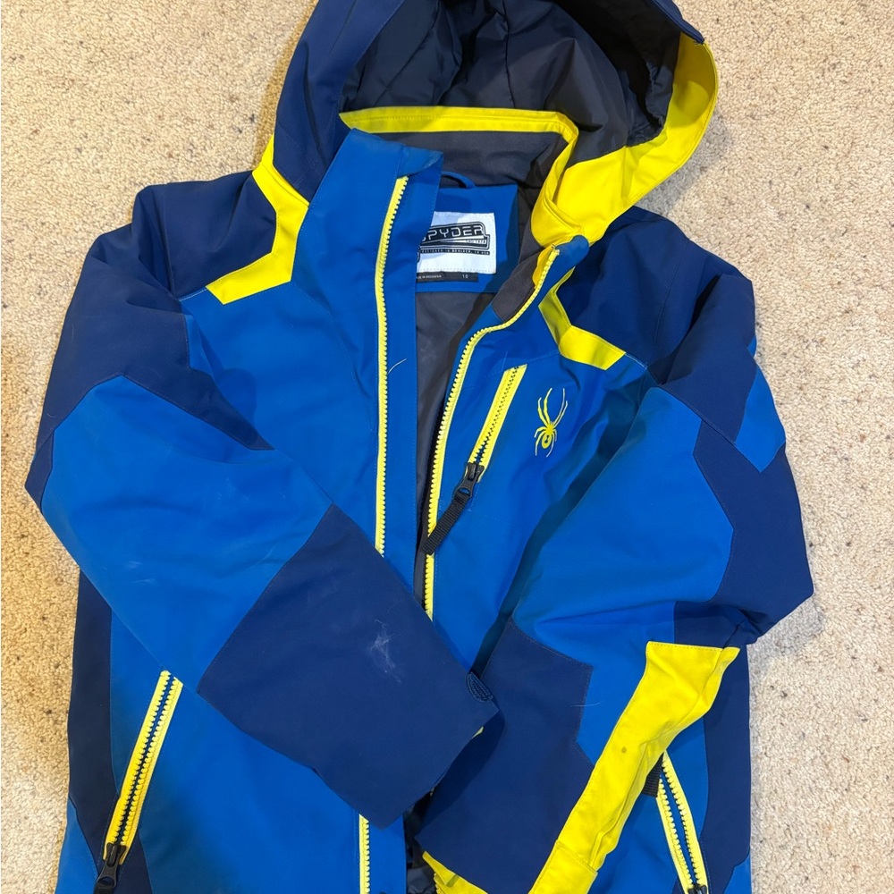 Spyder Kids Blue and Yellow Hooded Waterproof Jacket